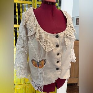 Boho Up-cycled Lace-Trimmed Blouse with Appliqué Detail